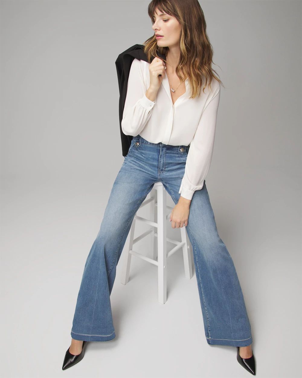 High Rise Every Day Soft Novelty Button Wide Leg Jean White House Black Market